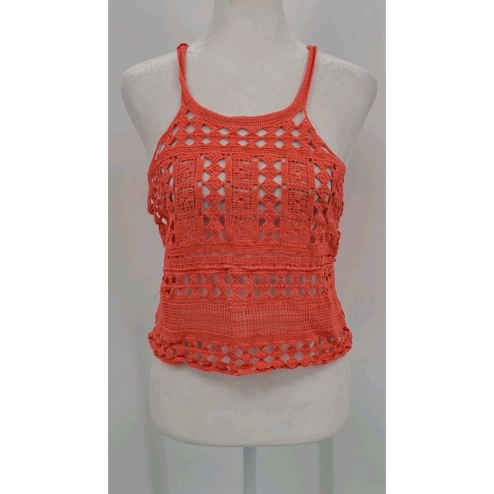 Crochet Boho Crop Halter Top L Womens Resort Tropical Indie Beachy Festival